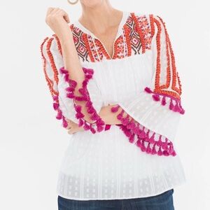 CHICO’S WHITE WITH ORANGE PINK BOHO EMBROIDERY PEASANT BLOUSE WOMENS MEDIUM/8/1